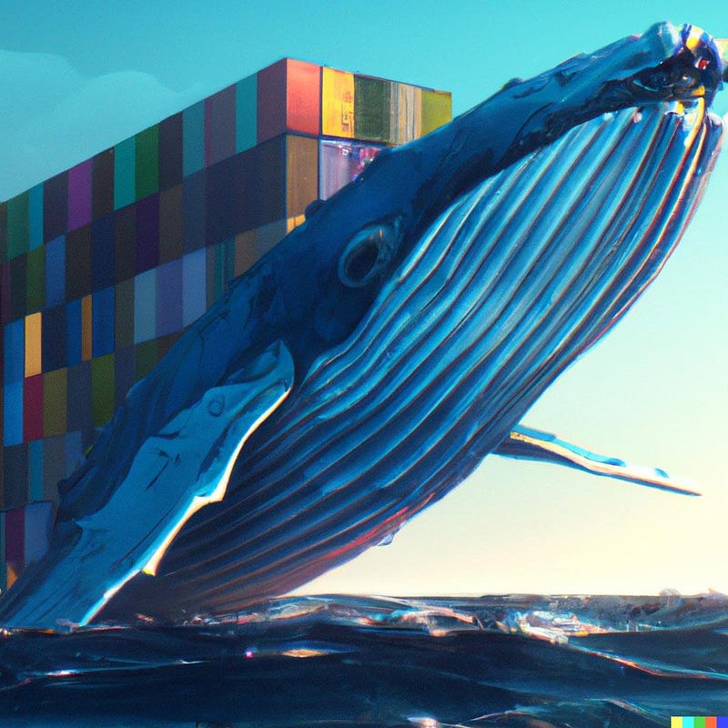 Artistic rendering of a blue whale with shipping containers