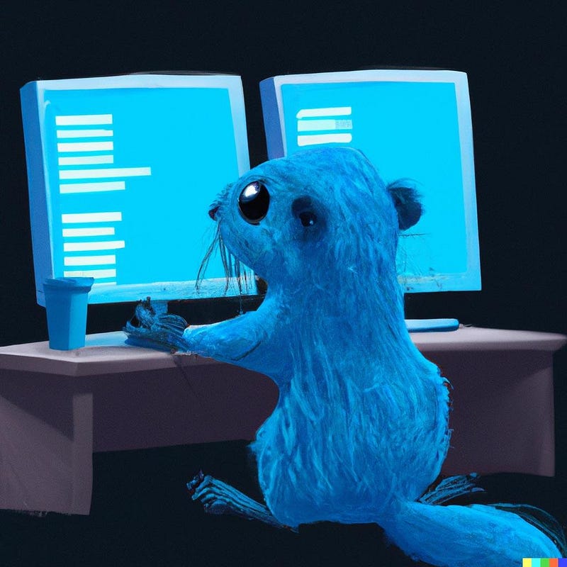 Digital artwork of a blue gopher programming