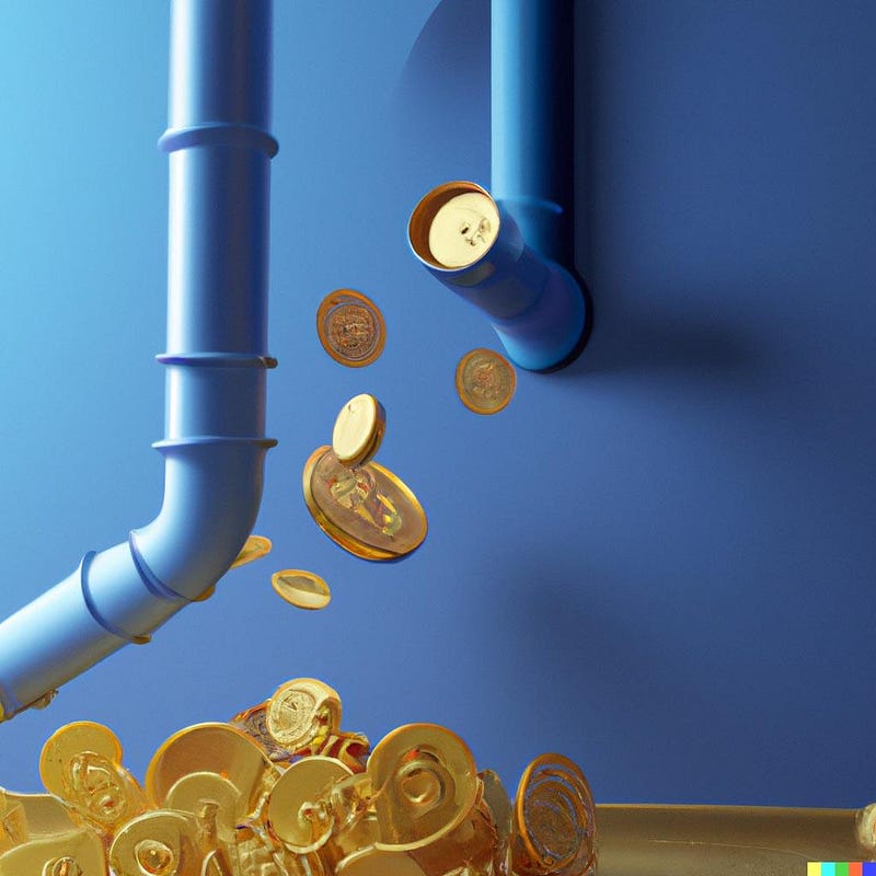 3D render of bitcoins pouring from a wall pipe