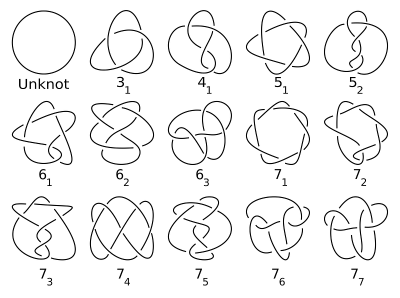 Visualization of various mathematical knots with seven crossings or fewer