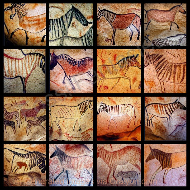 Artistic concept of prehistoric horses with zebra stripes