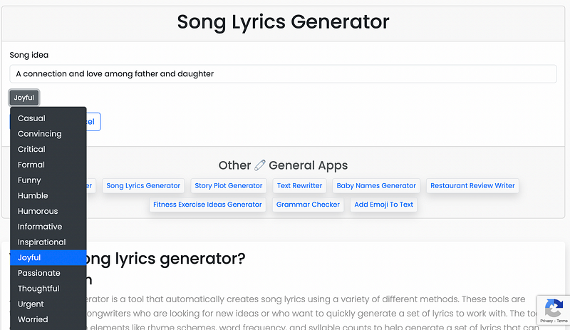 Song lyrics generator interface