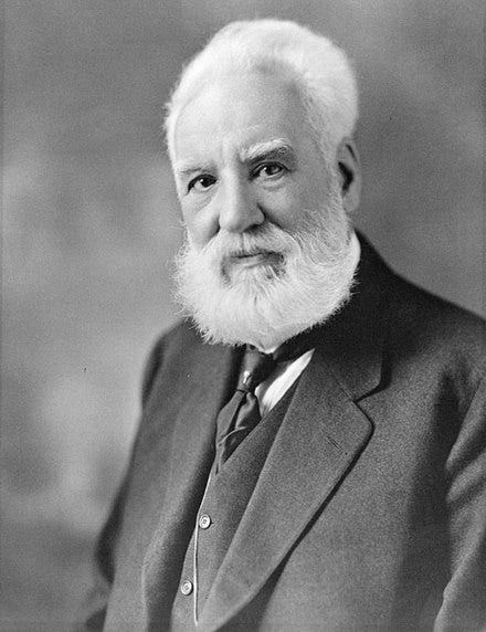 Alexander Graham Bell demonstrating his invention.