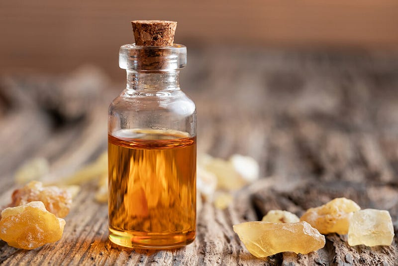 Frankincense essential oil in a beautiful glass bottle