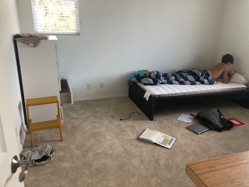 Son's messy room after moving in