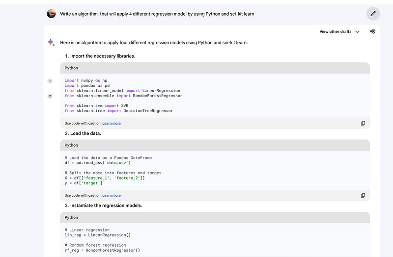 Screenshot showing Bard's real-time response output