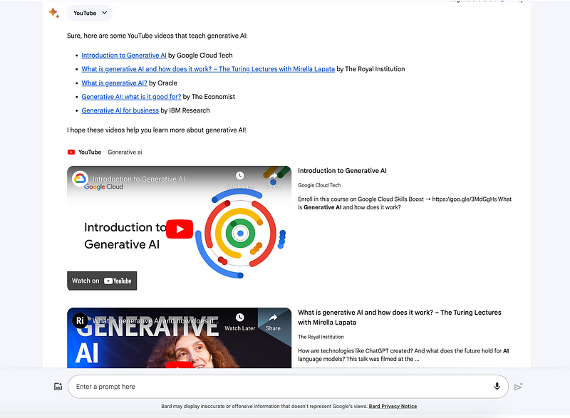 Screenshot of Bard's YouTube extension output