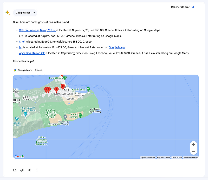 Screenshot showing Bard's Google Maps extension output