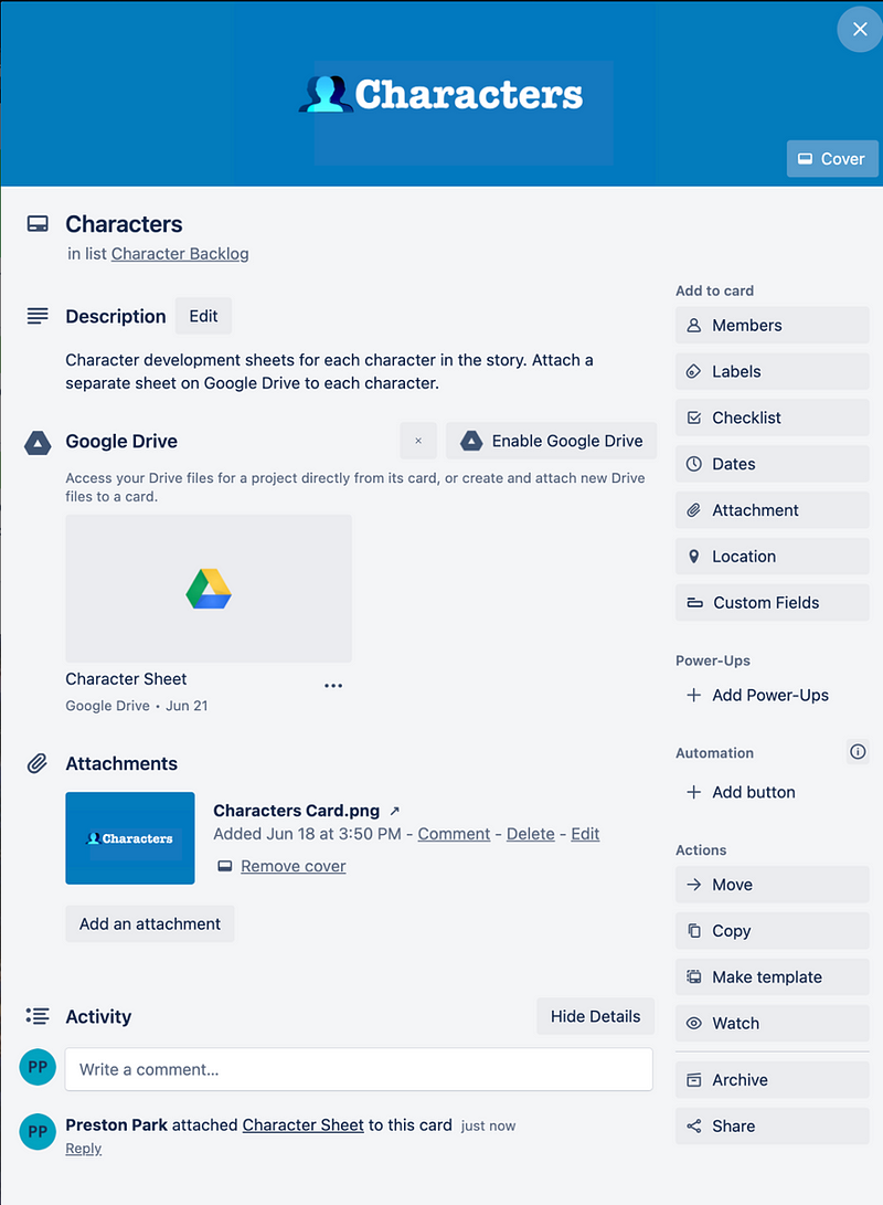 Setting up character details in Trello