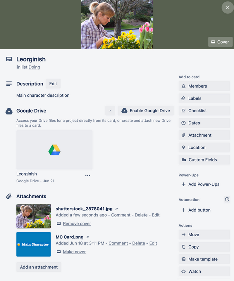 Completing the Main Character Card in Trello