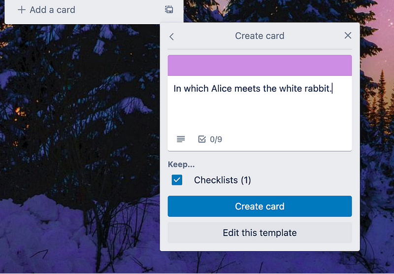 Creating a scene card in Trello