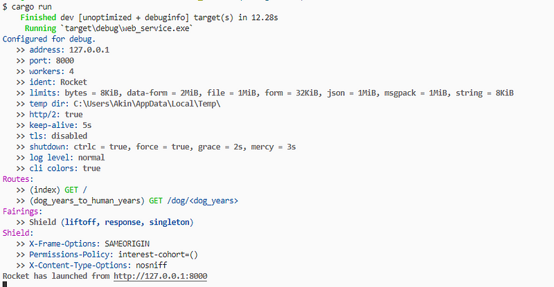 CLI output after launching the web server