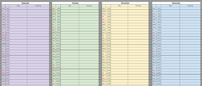 Example of the Mighty Spreadsheet Calendar layout