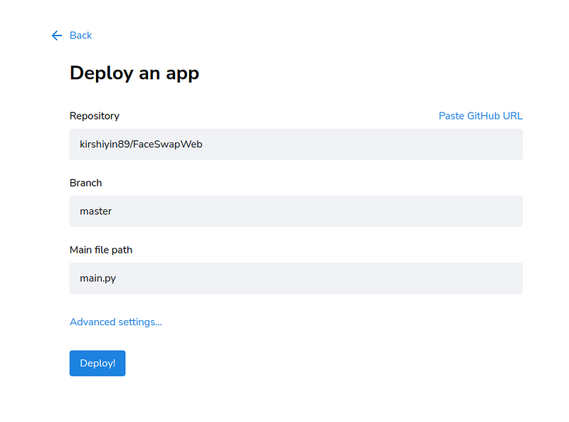 Streamlit app deployment screen