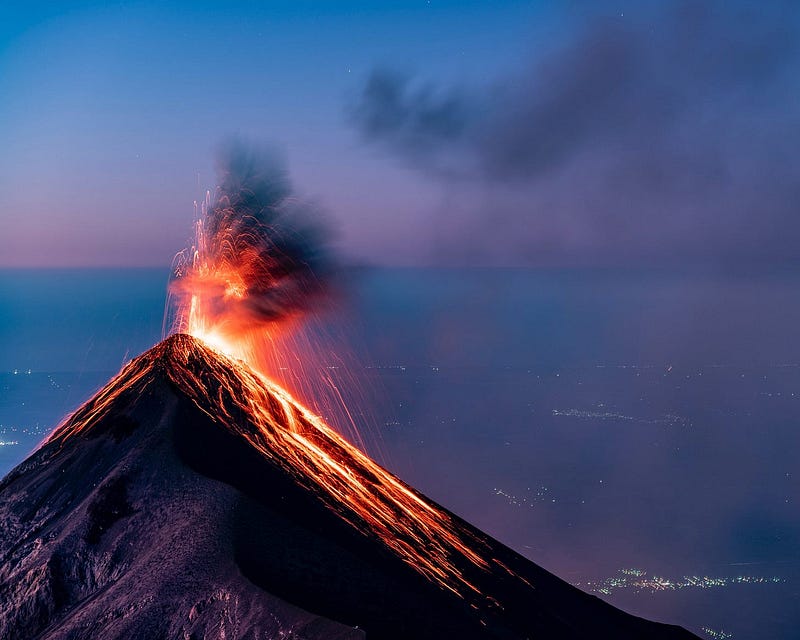 Spectacular view of a volcanic landscape at night