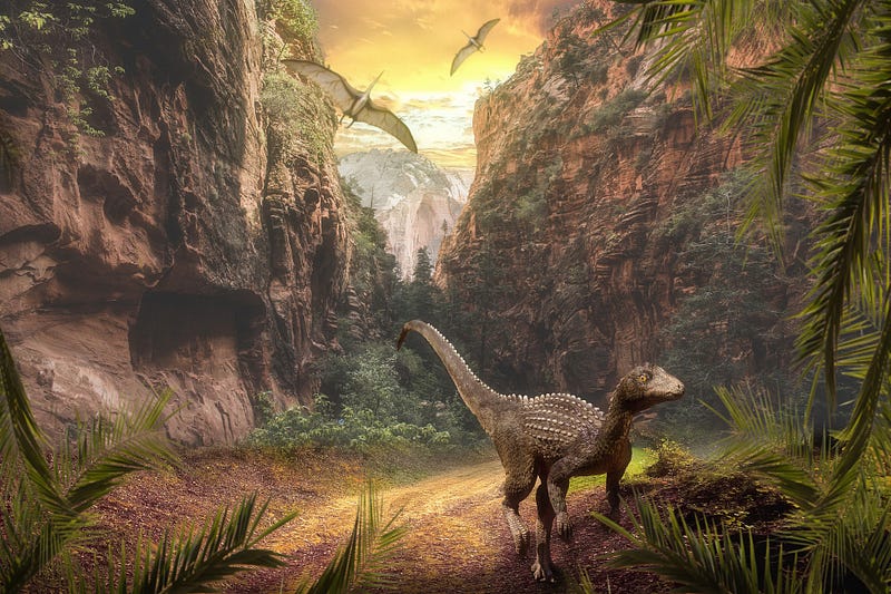 Illustration of dinosaurs in their natural habitat