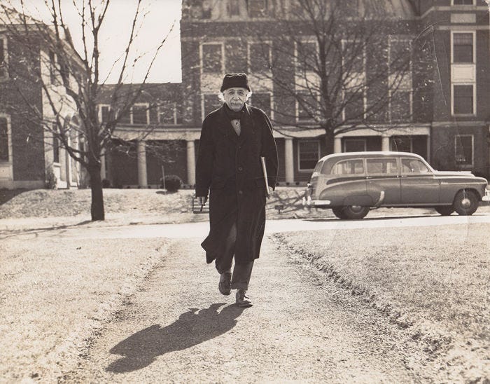 Einstein walking through Princeton University