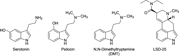 Molecular structures of psychedelic compounds and serotonin.