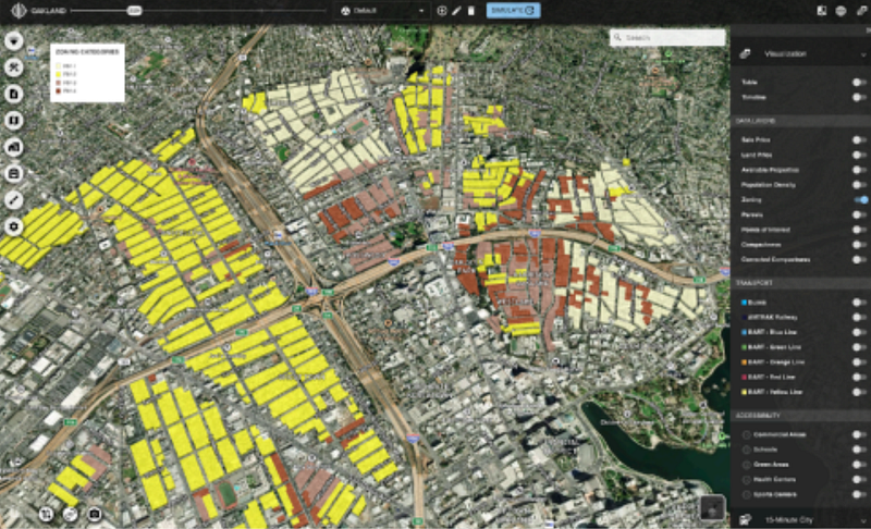 Zoning map for Oakland, CA utilized in land use simulation.