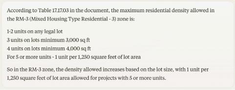 LLM interpretation of maximum residential density in natural language.